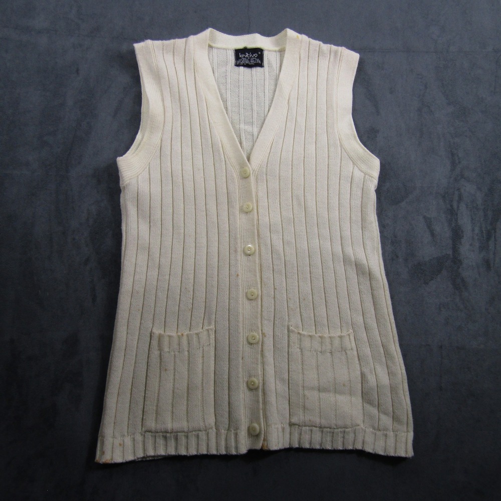 Knitivo Sweater Vest Women Medium Cream Ribbed Button Front V-Neck Vintage